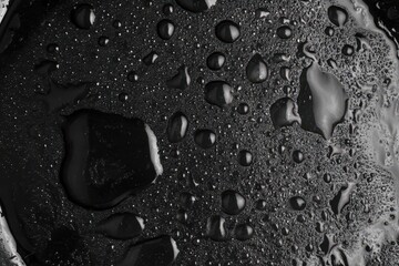 Wall Mural - Close-up view of a glossy black surface covered in droplets. The droplets create intriguing reflections, enhancing the texture and depth of the liquid below.