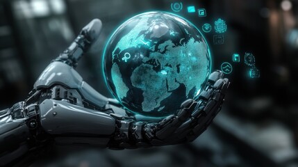 Poster - Futuristic Robot Hand Holding Digital Earth with Tech Icons Visual