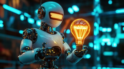Poster - Futuristic Robot Holding a Glowing Light Bulb in a High-Tech Setting