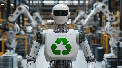 Poster - Futuristic Robot with Recycling Symbol in Industrial Environment