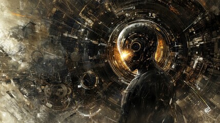 Poster - Futuristic humanoid figure surrounded by abstract digital patterns