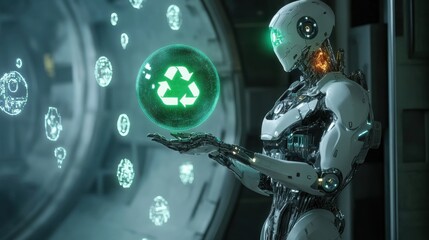 Poster - Futuristic Robot Holding Green Recycle Symbol in Technology Environment