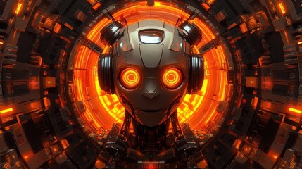 Poster - Futuristic Robot with Glowing Eyes in a High-Tech Environment