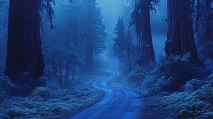 Poster - Serene Misty Path Through Enchanted Blue Forest at Twilight