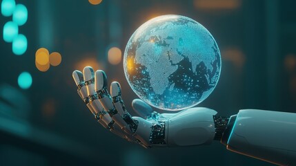 Poster - Robotic Hand Holding Digital Globe in Futuristic Environment