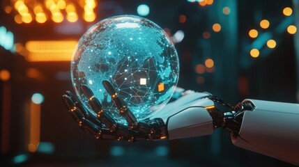 Poster - Futuristic Robot Holding Glowing Earth Sphere with Digital Network