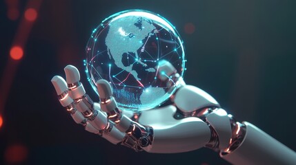 Poster - Futuristic Robot Hand Holding Holographic Globe in Digital Space