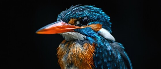 A colorful bird with a blue head and orange beak. The bird is in a black background