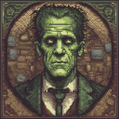 Wall Mural - Cross stitch pattern of Frankensteins monster in pixel art style.