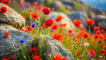 Wall Mural - Herpes on rocks with poppy flowers , serene, wildflowers,  serene, wildflowers, outdoor, plant, branches, wilderness, calming