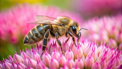 Wall Mural - Close up view of a bee on a pink flower, bee, insect, nature, macro, close up, wildlife, pollination, pink flower, spring