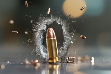 Wall Mural - A bullet impacts a surface, generating a dramatic splash effect. Surrounding fragments scatter as the force creates a striking visual display, emphasizing motion and energy.