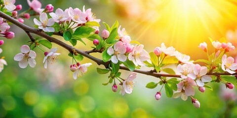 Wall Mural - Close up of a blooming branch with vibrant flowers and green leaves, spring, nature, blooming, branch, flowers, green leaves