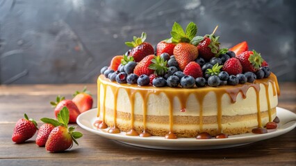 Wall Mural - Creamy cake with fresh berries and a drizzle of honey on top, cake, creamy, dessert, berries, honey, sweetness