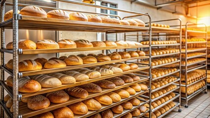 Wall Mural - Freshly baked bread cooling on rack in bakery, bread, bakery, fresh, food, dough, homemade, artisan, delicious, aroma, rustic