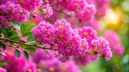 Wall Mural - Beautiful pink crepe myrtle flowers in full bloom shot as a close-up, pink, crepe myrtle, flowers, pretty, beautiful