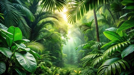 Wall Mural - Lush green tropical forest with vibrant nature leaves, Green, tropical, forest, jungle, foliage, vibrant, lush, environment