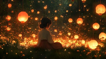 Poster - Lofi anime style illustration of A young girl sits peacefully in an enchanted forest surrounded by numerous glowing lanterns and fireflies, creating a magical and serene atmosphere.
