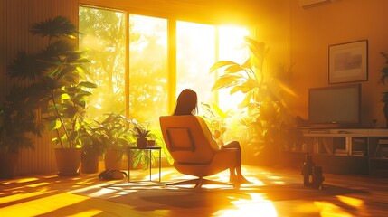 Aufkleber - Lofi anime style illustration of A woman sits in a chair, bathed in the golden sunlight streaming through a large window, enjoying a moment of peace and tranquility within her plant-filled home.