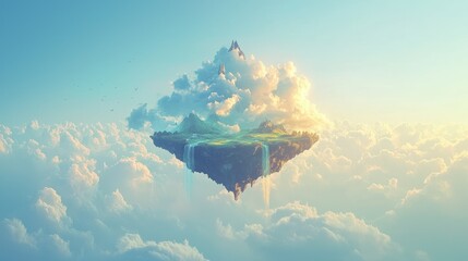 Wall Mural - floating island with lush greenery, waterfalls, and mountain peak, nestled amongst clouds under a br