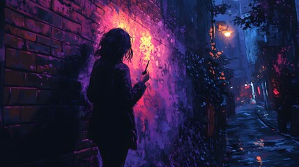 Aufkleber - Lofi anime style illustration of A woman stands in a dimly lit alleyway at night, admiring vibrant wall art. The scene is atmospheric and artistic.