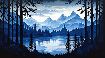 Wall Mural - Serene Blue Mountain Lake Scene Framed By Trees