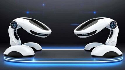 Poster - Futuristic white robots facing each other on a platform with blue neon lights.