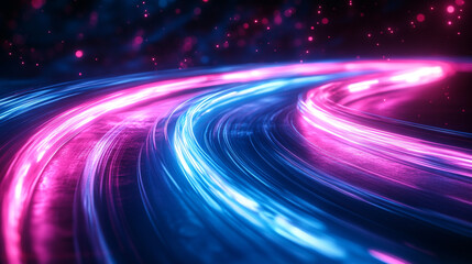 Wall Mural - Bright cyan and magenta light trails twisting in a dark setting