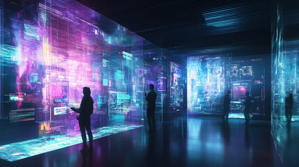 Silhouetted figures explore a futuristic digital data space