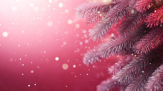 red pink christmas background,fir tree branches,glitter confetti stars christmas new year winter holidays christmas frame banner mockup