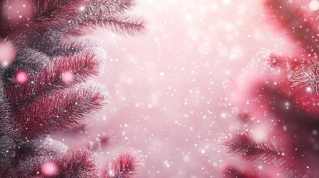 red pink christmas background,fir tree branches,glitter confetti stars christmas new year winter holidays christmas frame banner mockup