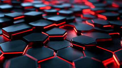 Poster - abstract hexagon pattern with red glowing edges, red and black hexagons wireframe wallpaper, desktop