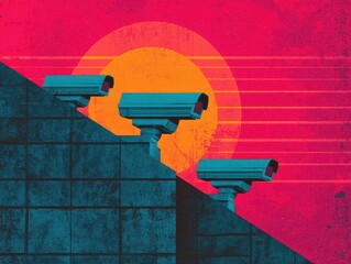 Poster - Surveillance cameras at sunset urban landscape digital art modern technology abstract viewpoint