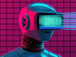 Poster - Futuristic robot with vr headset digital realm illustration neon environment close-up perspective