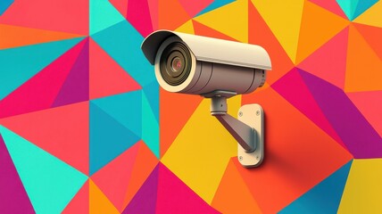 Poster - Surveillance camera monitoring urban area digital illustration colorful background eye-level view security concept