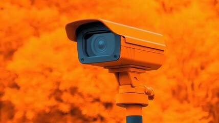 Poster - Surveillance camera monitoring urban area city photography bright orange background close-up security concept