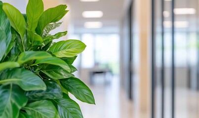 Poster - A close-up of a green plant in a modern office environment.