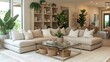 © AdibaZR - Spacious living room with large sectional sofa, coffee table, bookshelves, and plants.