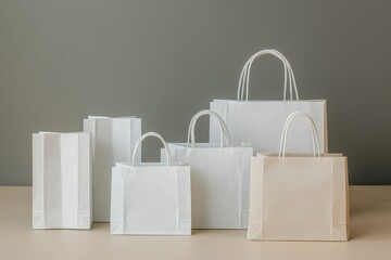 Elegant white, beige paper bags, arranged in a stylish display on a neutral background. Shop now