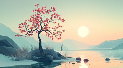 Sticker - Low poly tree with red leaves on a lakeside at sunset.