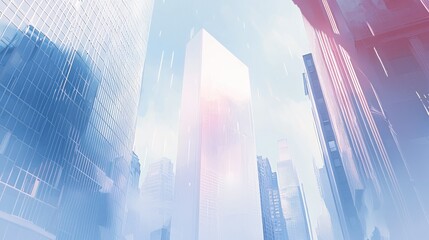 Poster - Low angle view of modern skyscrapers in a city, with a dreamy, hazy atmosphere.