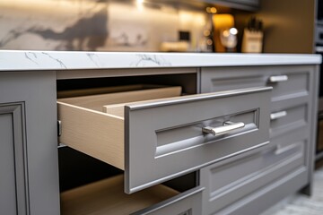 Wall Mural - Open kitchen drawer with grey cabinetry and marble countertop. (1)