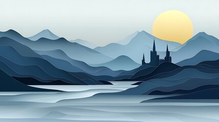 Wall Mural - Serene Castle nestled amidst majestic blue mountains and calm waters