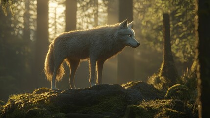 Wall Mural - Majestic white wolf standing on a rock in a sunlit forest.