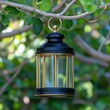 © PANGERANDESIGN - Black and gold hanging lantern on a tree branch.