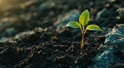 Wall Mural - A small green plant sprouting from rich soil, earth day concept