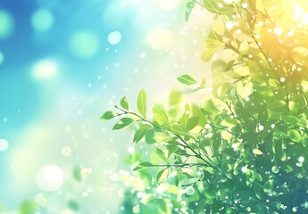 Wall Mural - Abstract blurred spring background with sun rays and green grass, earth day concept