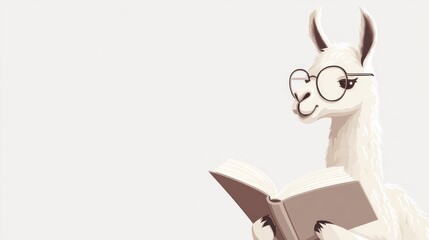 A white llama wearing glasses is reading a book