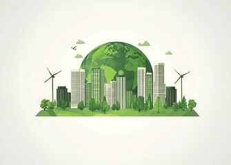 Green Earth with city, wind turbines, and solar panels, earth day concept