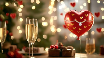 Canvas Print - Romantic Celebration with Champagne and Heart-shaped Balloon Decoration